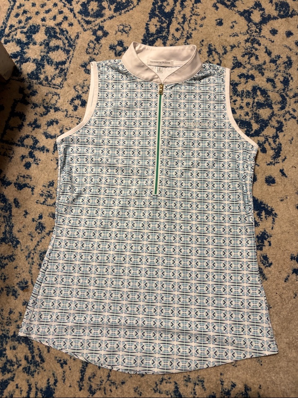 Fairway & Greene Blue and White Geometric Zip Polo